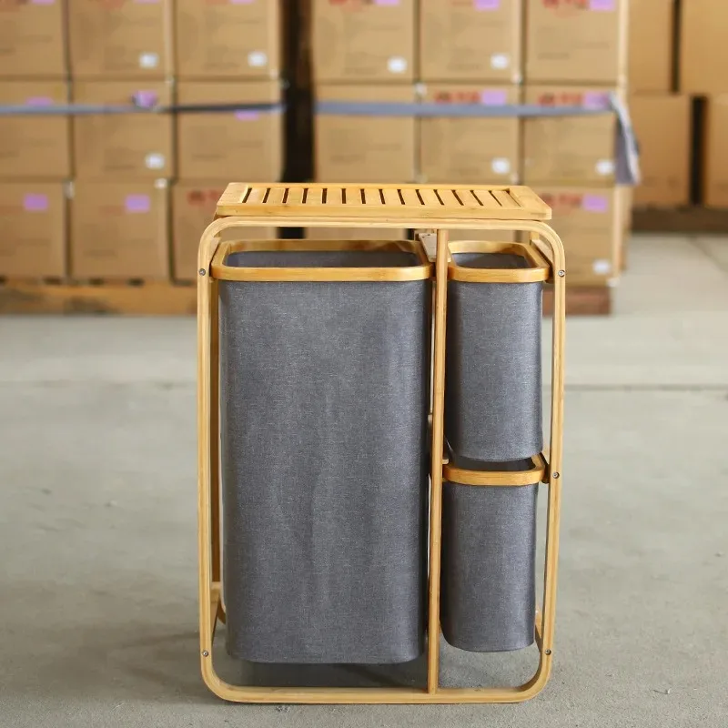 Bamboo Laundry Hamper with 3 Compartment Laundry Cabinet Dirty Clothes Basket with Shelf, Storage Cabinet Laundry Sorter