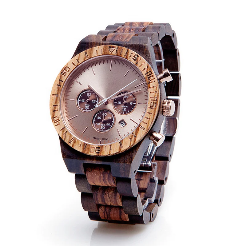 Classic Handmade Chronograph Timer Watch Men Watch with Wood Luxury Small Three Needle Limited Edition Quartz Analog Wooden
