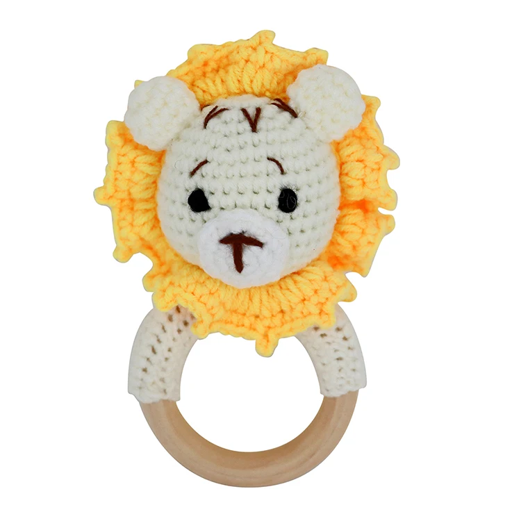 Animals Wooden Baby Rattle Toys Stuffed Crochet Rattle with Teether Ring for Newborn