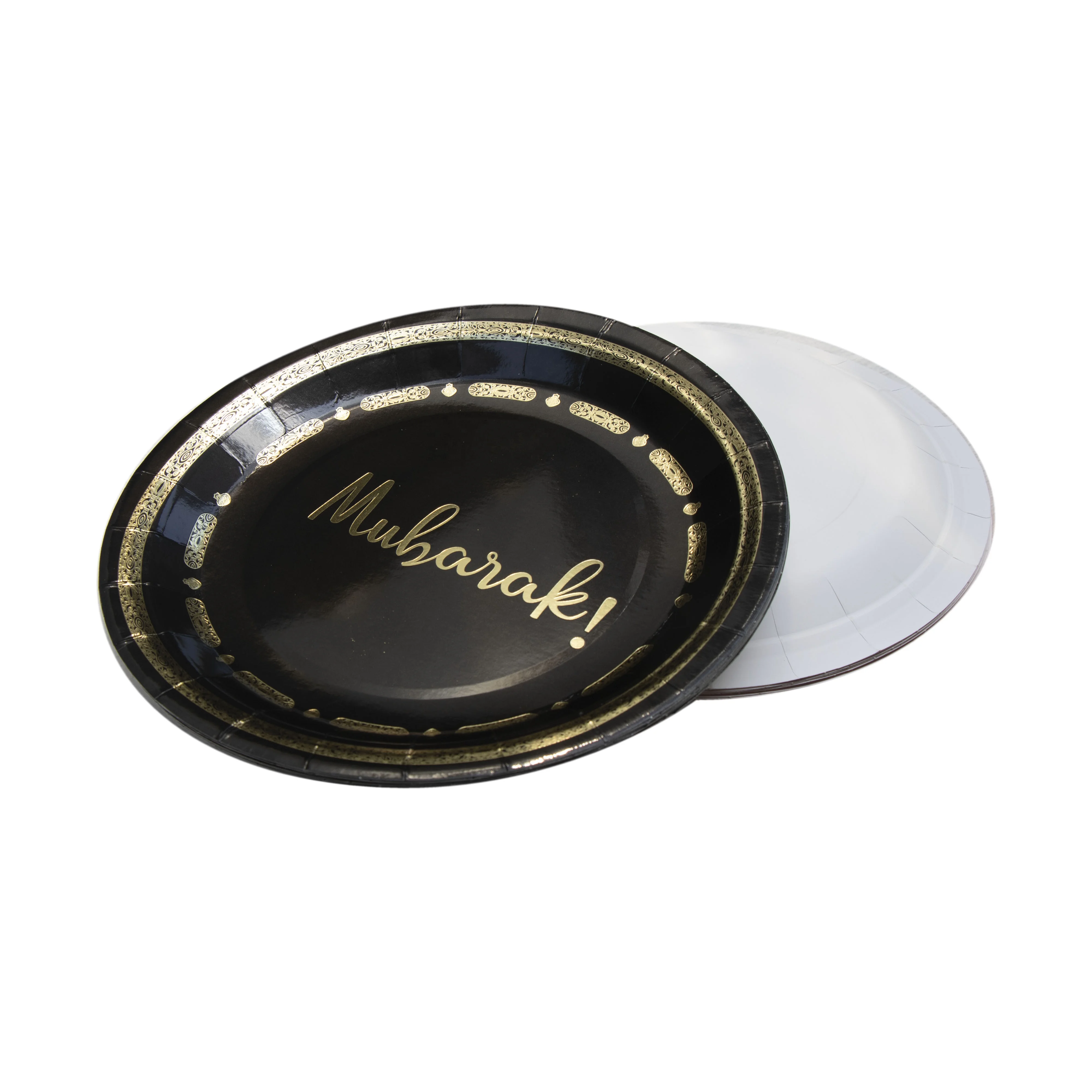 Gold Foiled Disposable Mubarak Tableware Ramadan Kareem Eid Plate Cups Napkins Black Umrah Mubarak Paper Plates