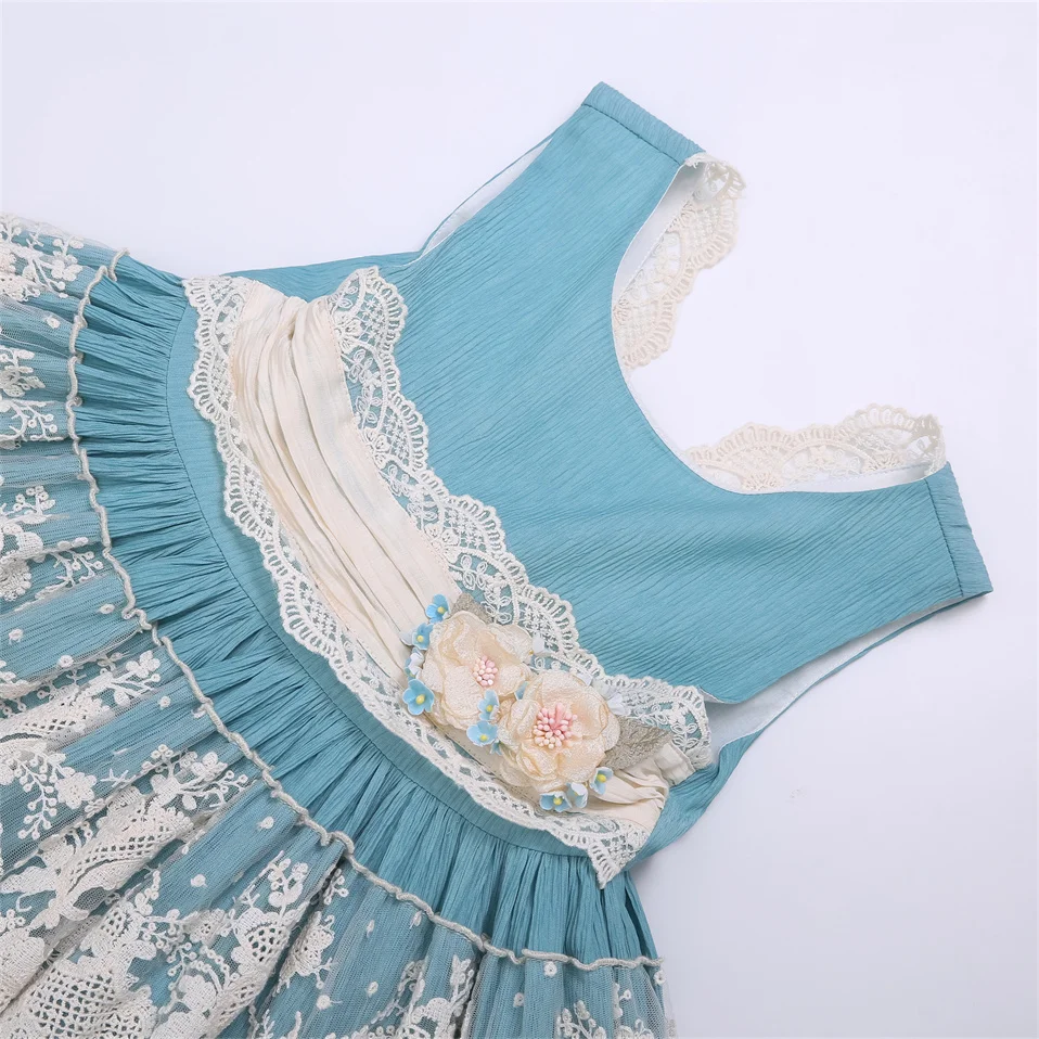 Wholesale Pettigirl 2024 Children Kids Blue Lace Wedding Princess Dresses Clothing 2-12Y 1BAG=1PCS
