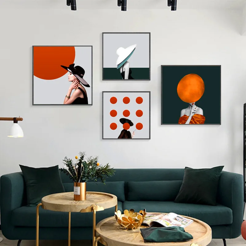 Wall Art Canvas Painting Big Hat Dresses Paris Fashion Girl Nordic Posters and Prints Wall Pictures for Living Room Home Decor