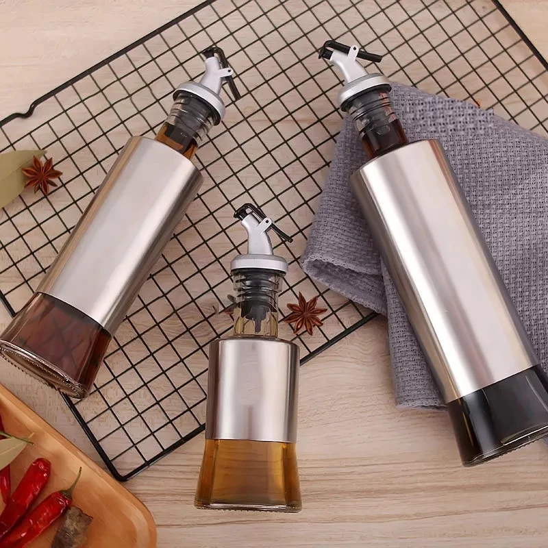 Factory Direct Glass Oil Dispenser Olive Bottle Stainless Steel Leak-Proof Soy Sauce Vinegar Cruet Storage Dispenser