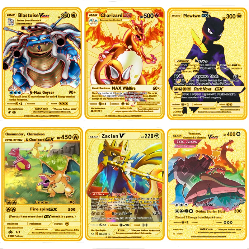 Pocket Monster Pokemond Cards Metal Gold Sliver Vmax GX Energy Card Charizard Pikachu Rare Collection Battle Trainer Boys Gift