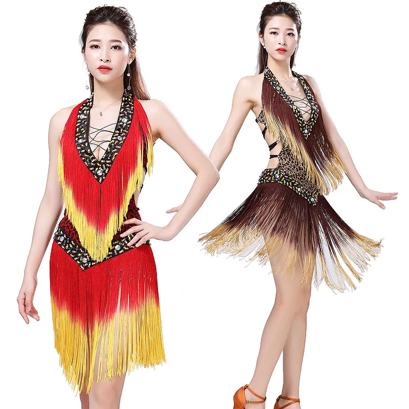Leopard Backless Tassel Night Club Cocktail Party Latin Dance Costumes For Women Professional Dance Dress Ballroom V-neck