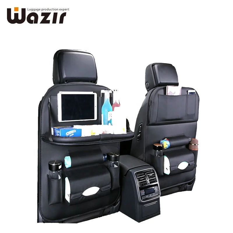 PU Leather car seat organizer with folding foldable table tray Tablet Phone bottle mug holder tissue storage bag