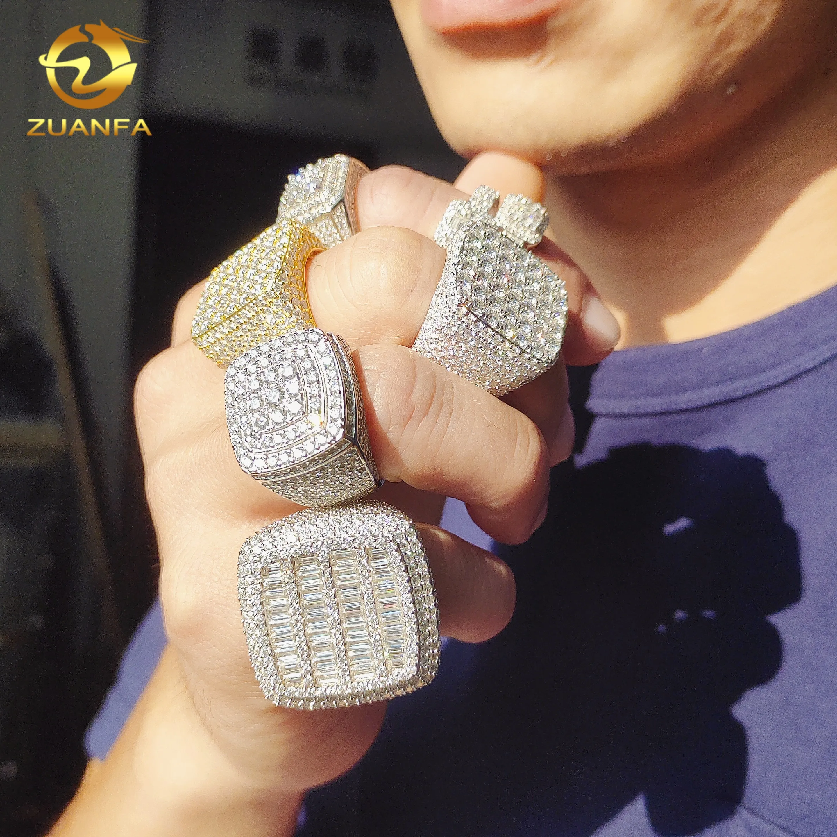 Iced out fashion jewelry men hip hop engagement moissanite rings 925 silver square shape baguette moissanite diamond rings