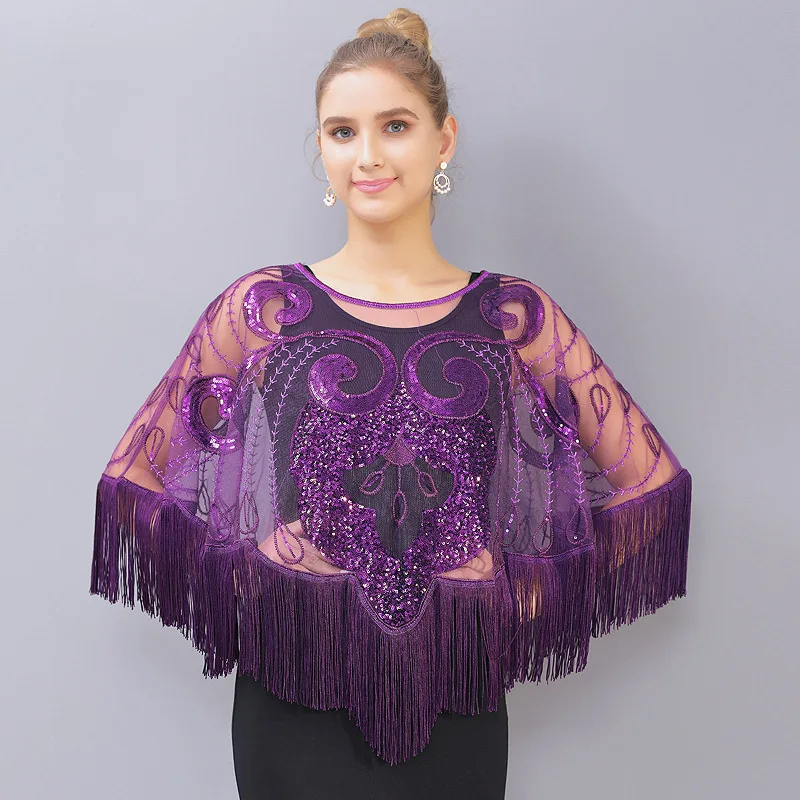 women long tassel sequin mesh  bolero  lady  black red  gold  sequin wedding party  cloak  dance shawl
