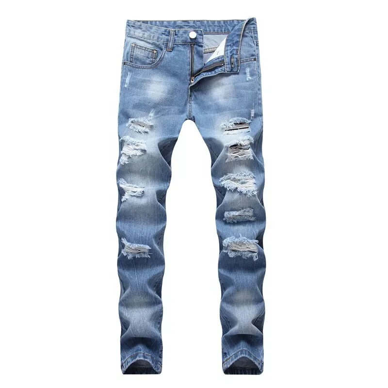 Men tie and dye washed slim stretch biker jeans casual ripped bleached dark blue denim pants for motorcycle
