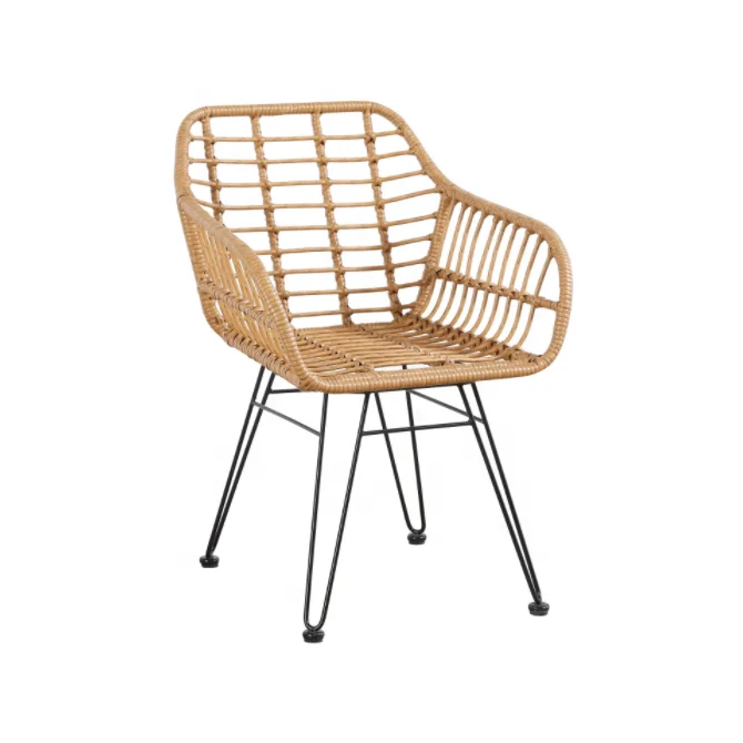 Nordic Antique Outdoor Coffee Woven Plastic Material Backrest Banquet Restaurant Faux Rattan Dining Chairs With Metal Legs