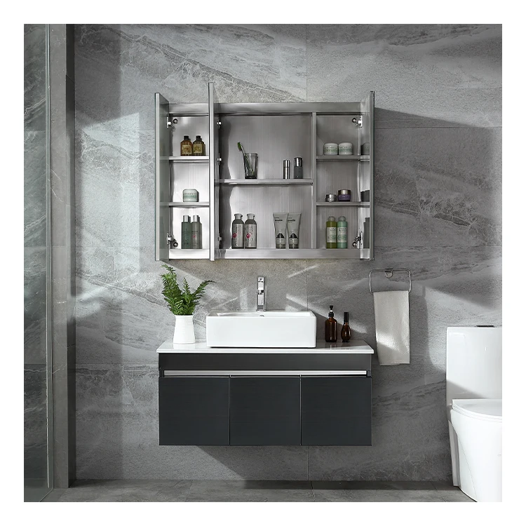 Shower Room Bathroom Three-door Mirror Cabinet High Quality Stainless Steel Modern Style Graphic Design Waterproof 4 Mm Thick