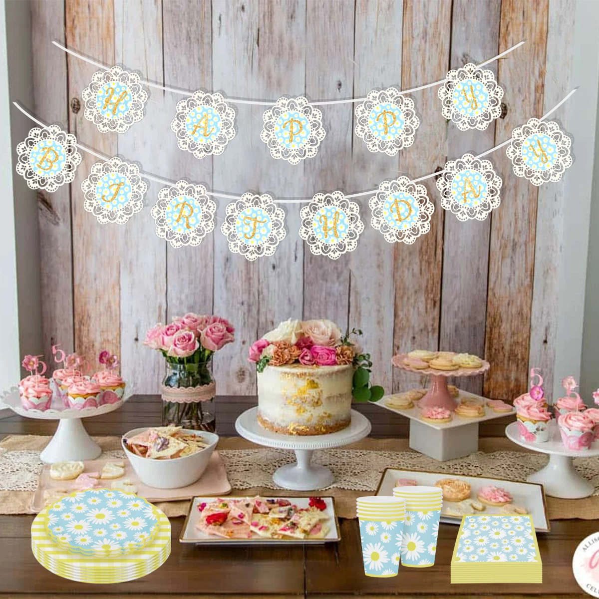 Бумажные тарелки Nicro с маргаритками, чашки, салфетки, столовая посуда, баннер на день рождения для маленьких девочек, принадлежности для летней вечеринки, набор посуды