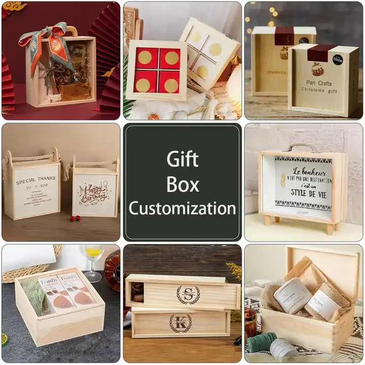 Unfinished  Box pine wood natural color custom gift box with transparent lid wood packaging box
