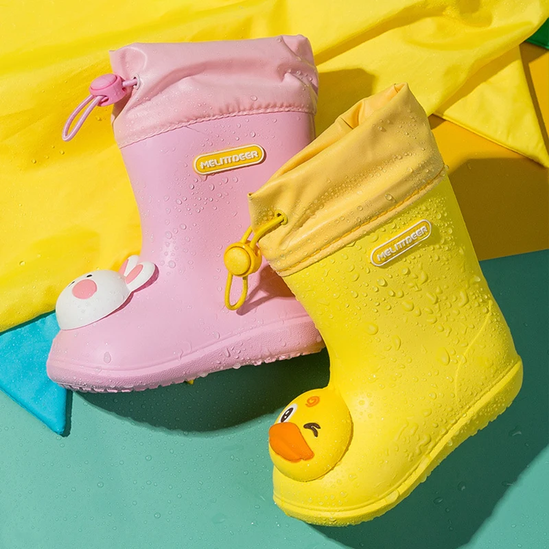 WXL476 Non Slip 3D Dinosaur Duck Rabbit Drawstring Rainboots Waterproof Cartoon PVC Rubber Children Rain Boots