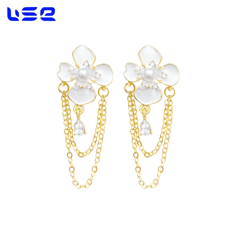 South Korea Style Gold-Plated Alloy Pearl Long Tassel Flower Huggie Earrings Vintage Trendy Design Zircon Main Anniversaries