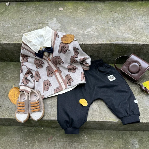 Autumn Baby Boy Three-Piece Casual Comfort Suit with Buttons Warm Puppy Sweater Wholesale 3pcs Clothing Set