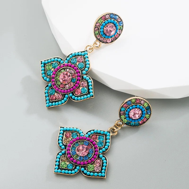 European and American ethnic fashion earrings retro palace style exaggerated colored diamond flower earrings