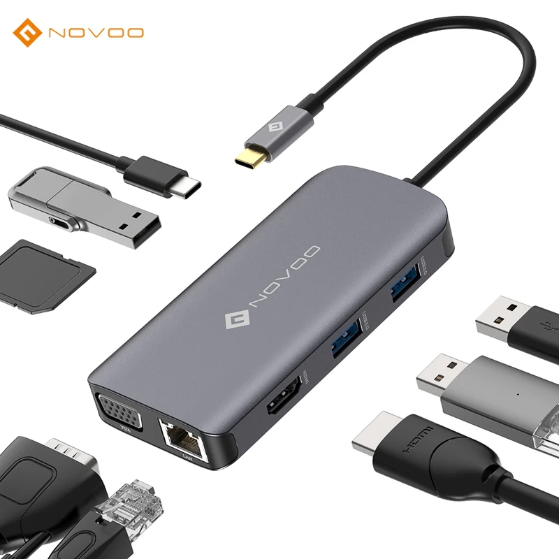 Novo Type C 9 портовый концентратор для 3 * USB3.0 + SD/TF карты портативный концентратор USB C 1080P @ 60 Гц VGA Outpot