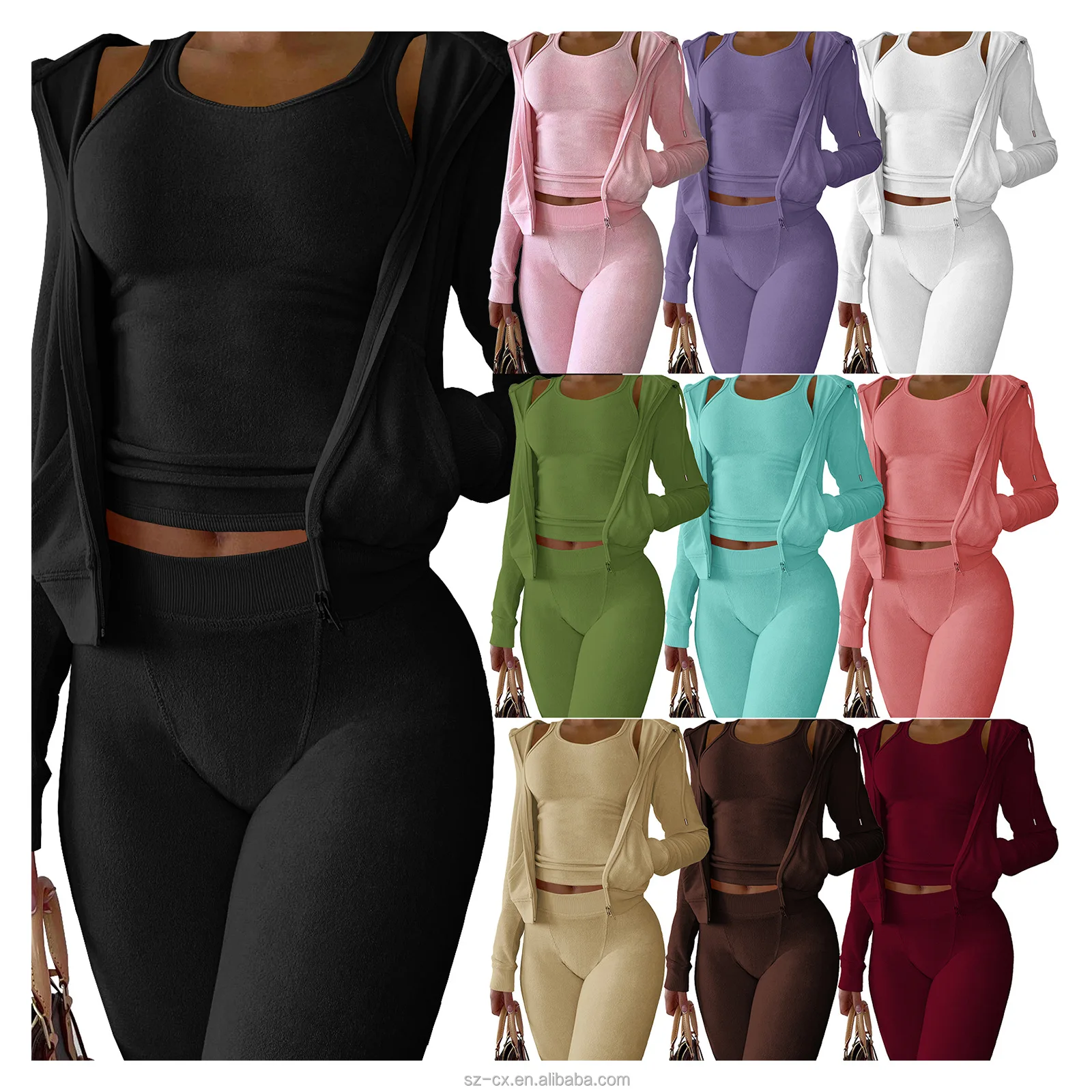 Women Spring Blank Plain Activewear Gym Sport Training Wear Legging Vest Long Sleeve Zip Up Crop yoga Top 3pcs Yogo Fitness Sets