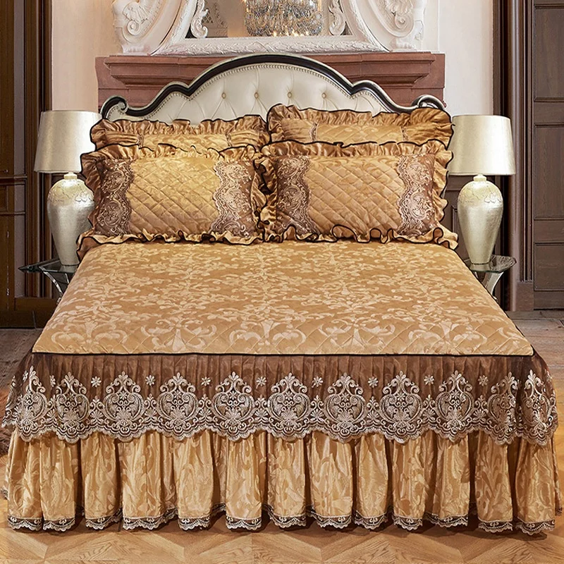 European Mattress Cover Bed Skirt Bedspread Princess Bedding Ruffled Velvet Lace Embossed Pattern-S Quilted Bed Cover