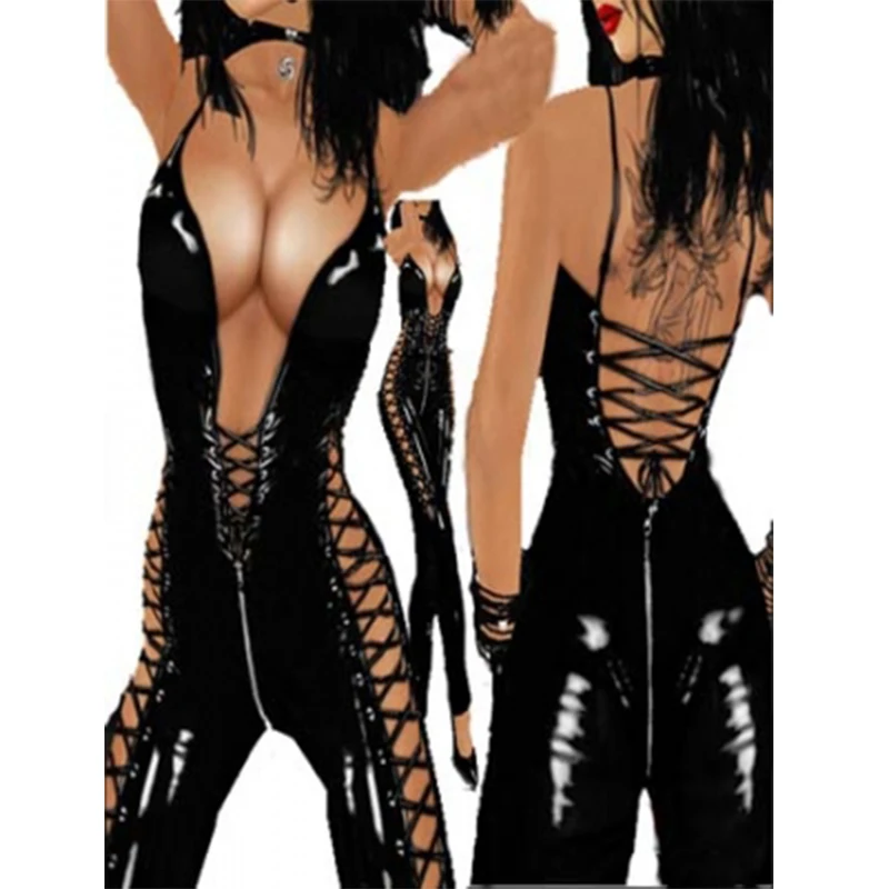 Women Black color Sexy Zipper crotch Faux Leather Catsuit jumpsuit