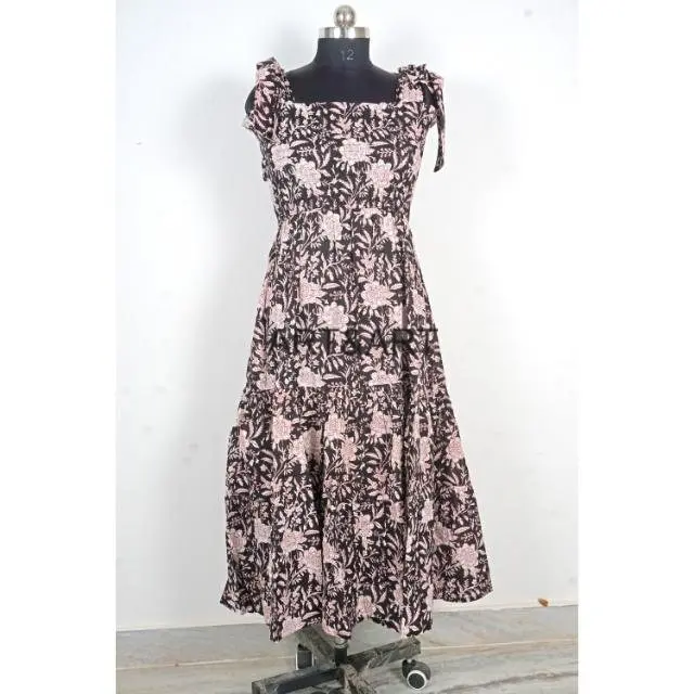 Korean Sleeved Maxi Sundress Floral Print Cotton Dress with Adjustable Straps Long Summer Dress for Autumn Season