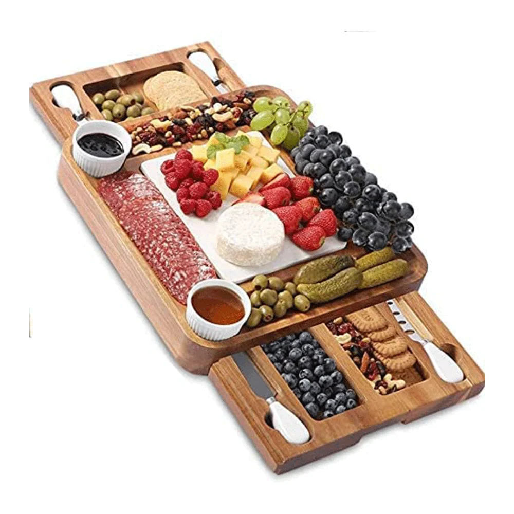 Bamboo Cheese Board Round Meat Platter Personalized Tray Kitchen Charcuterie Boards With Knife Set