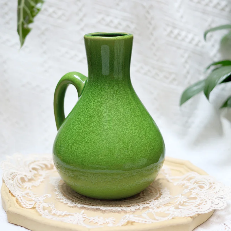 Ready to Ship One Handle Handmade Jug Emerald Green Home Decor Table Small Tall Bud Flower Vase Ceramic