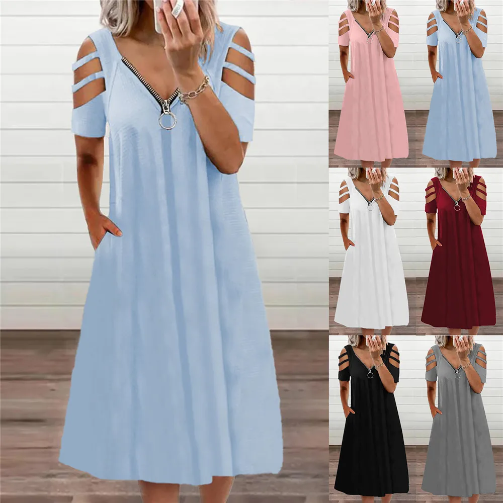 Wefans 2021 summer sexy V-neck zipper woman short-sleeved summer dress xl women clothing gowns evening dresses formal