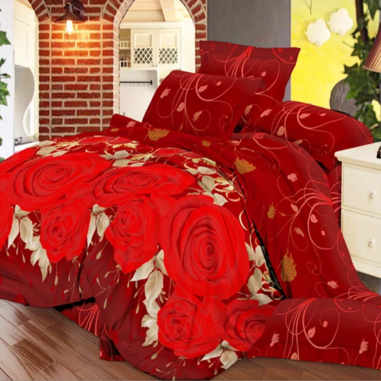 Cheap Red Rose Print 3D Flower Bedding Pillowcase Duvet Cover 4 Piece Microfiber Bed Sheet Sets