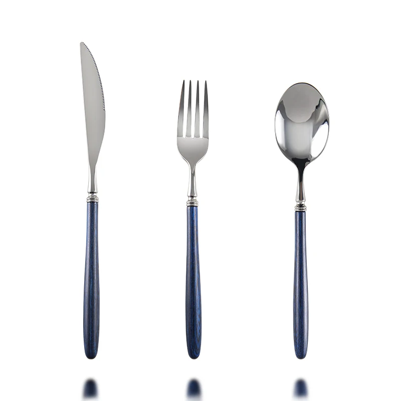 High Quality Flatware Stainless Steel Home Cutlery Camping Fork Spoon Knife Set With Blue Wooden Handle