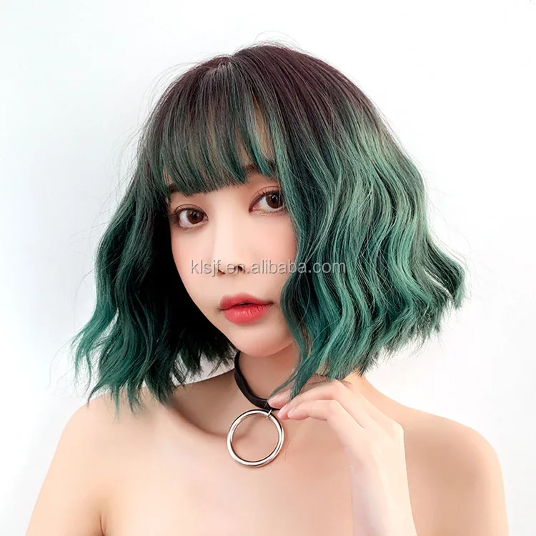 
Short Wigs with Bangs Ombre Gray to Green Wavy Curly Shoulder Length Synthetic Wig 