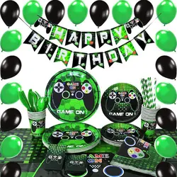 Hot sale decoration green video game party birthday party supplies disposable paper tableware set