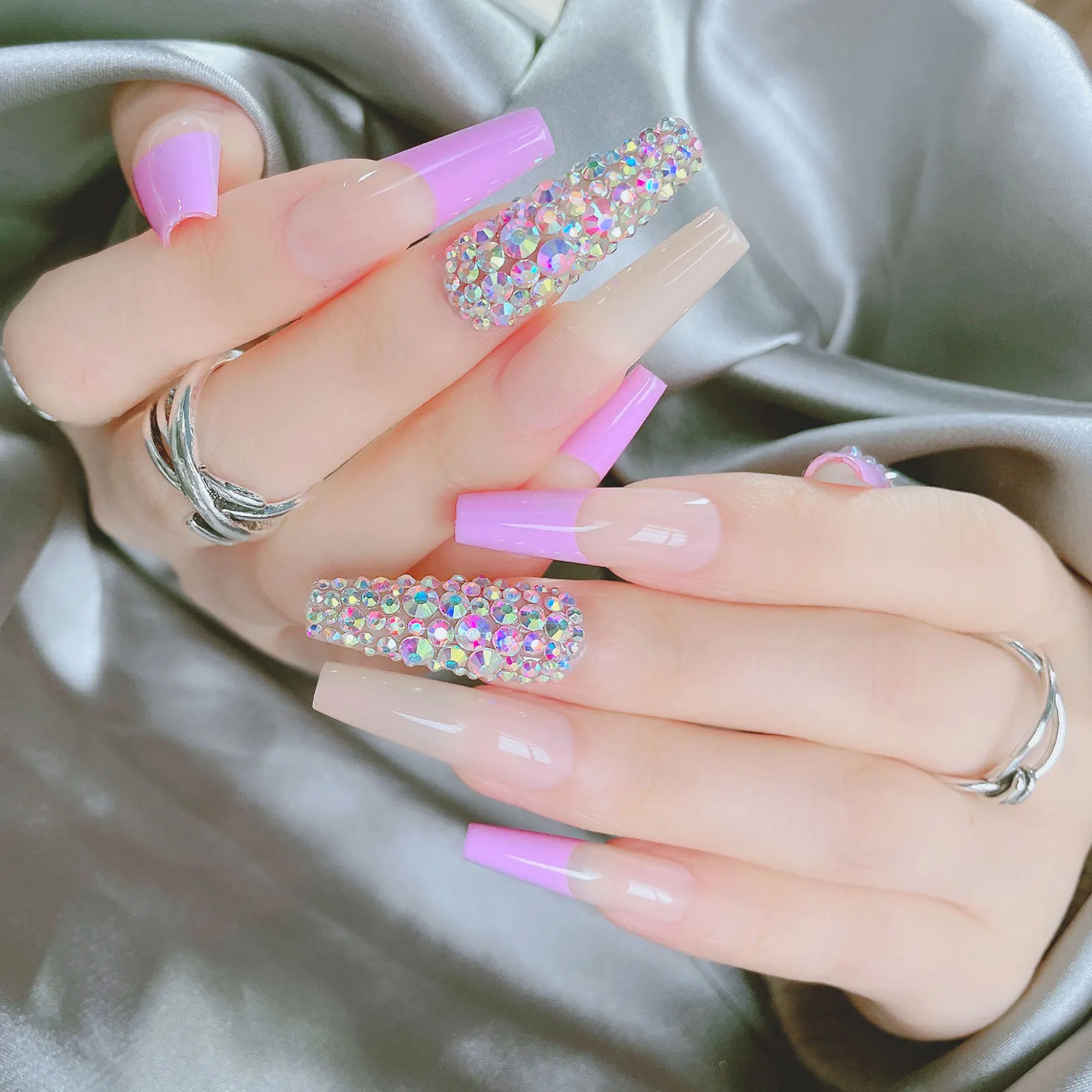 Wholesale Nail Colorful Pink Full Diamond Wearing Manicure Finished Removable False Nail Tips