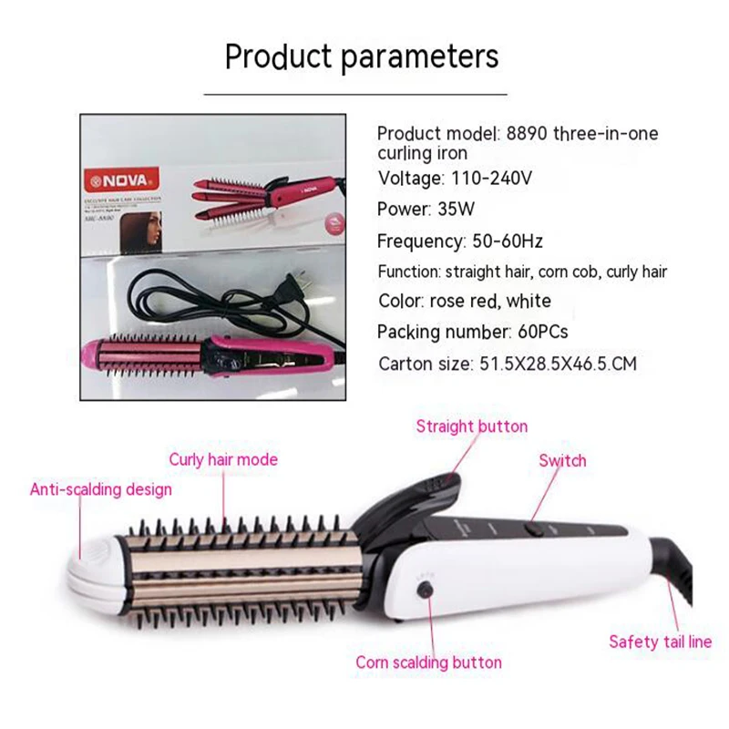 3 1 Tourmaline Hair Styling Tool Electric PTC Heater LED Multi-purpose Hair Curler Straightener Comb for Corn Perm Household Use