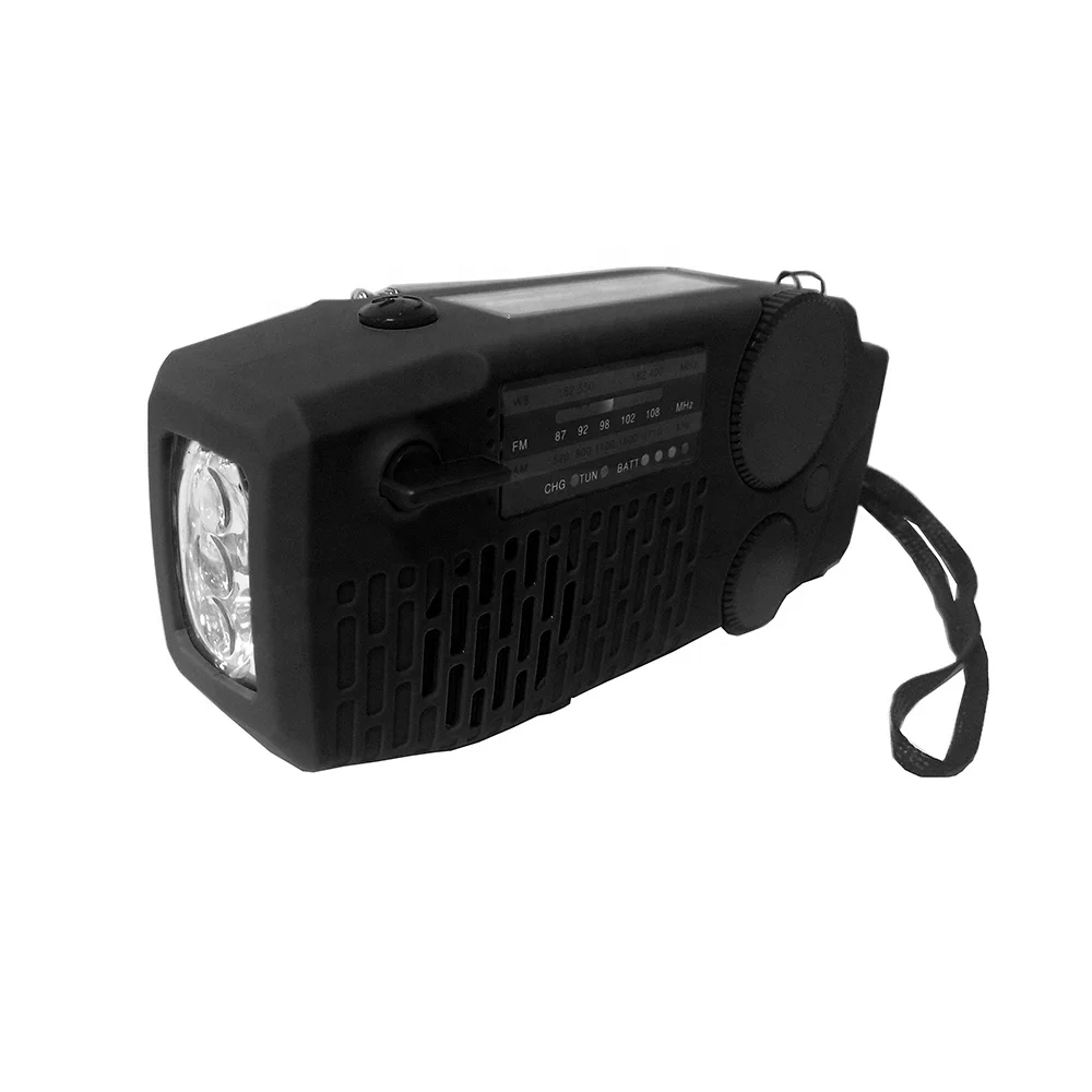 high quality black emergency solar hand crank radio 2000mAh portable am/fm weather radio with led flashlight