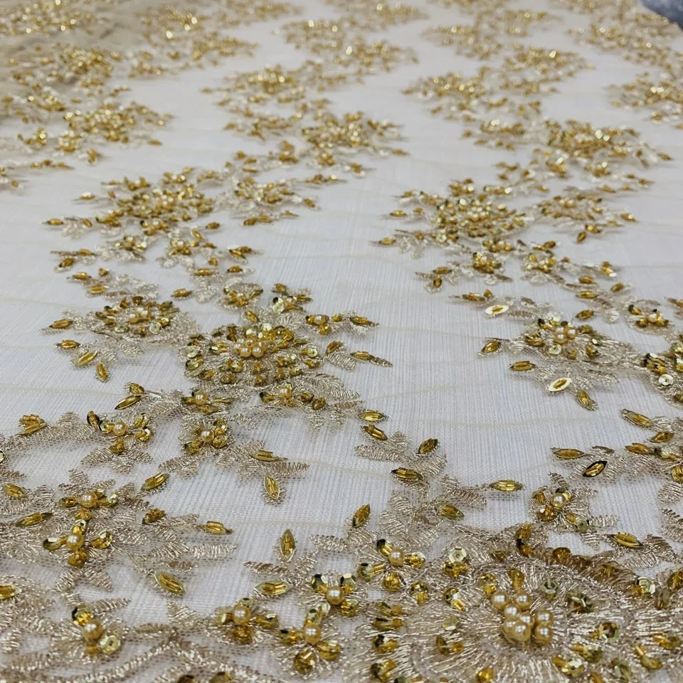 latest allover hand beaded sequin lace fabric metallic embroidery designs for dress, high quality beaded lace fabric embroidery