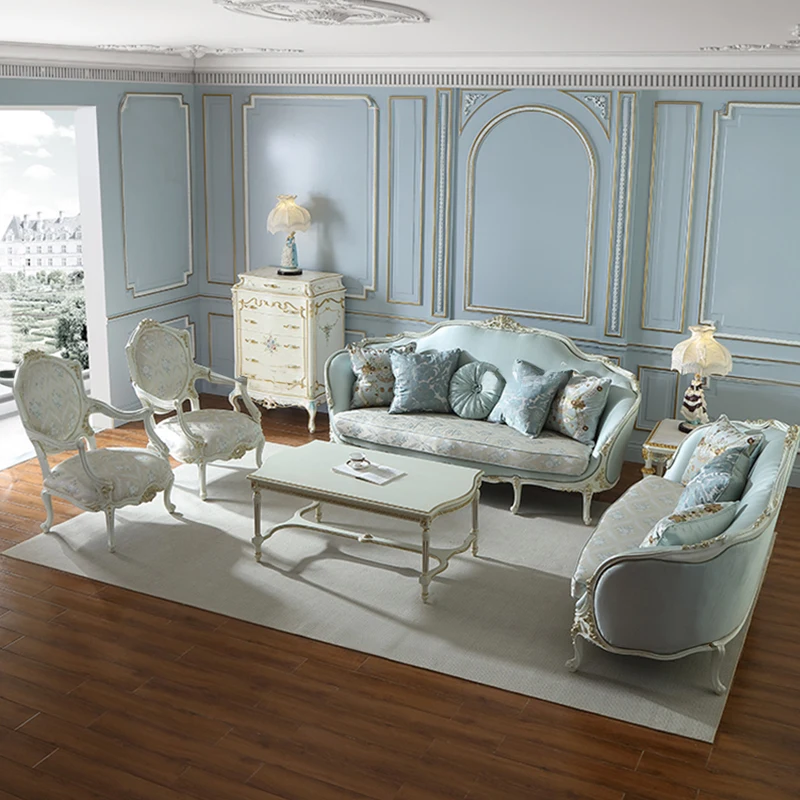 Luxury Classic Furniture Sofa and Gold Leaf Carved Light Blue Color Fabric Living Room Set