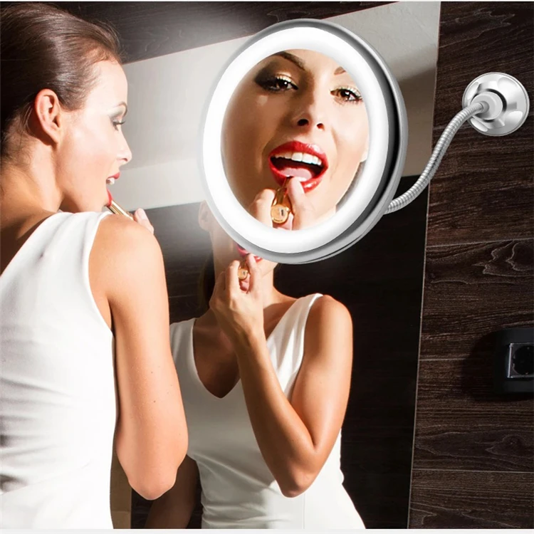 Flexible Gooseneck 10x Magnifying Led Lighted Makeup Mirror Bathroom Magnification Vanity Mirror With Suction Cup