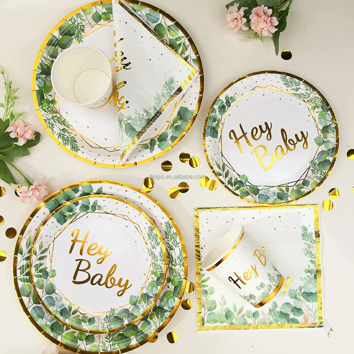 Hot selling 96pcs Baby Shower Tableware Kit Baby Cutlery Set Napkin Cup Paper Plate Sage Green Oh Baby Tableware Kit