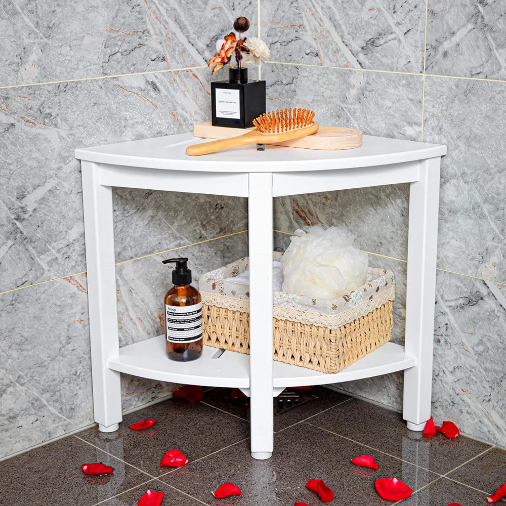Multi-functional bench White Wooden Shower Chair Teak Shower Bench with Shelf Storage Wood Shower Stool Seat for Inside Bath