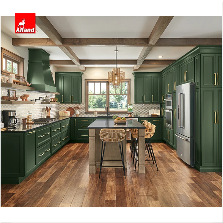 Contemporary U Shape design American Framed Olive Green Bespoke Cuisine Cupboard Recessed Panel Kitchen Cabinet With Island