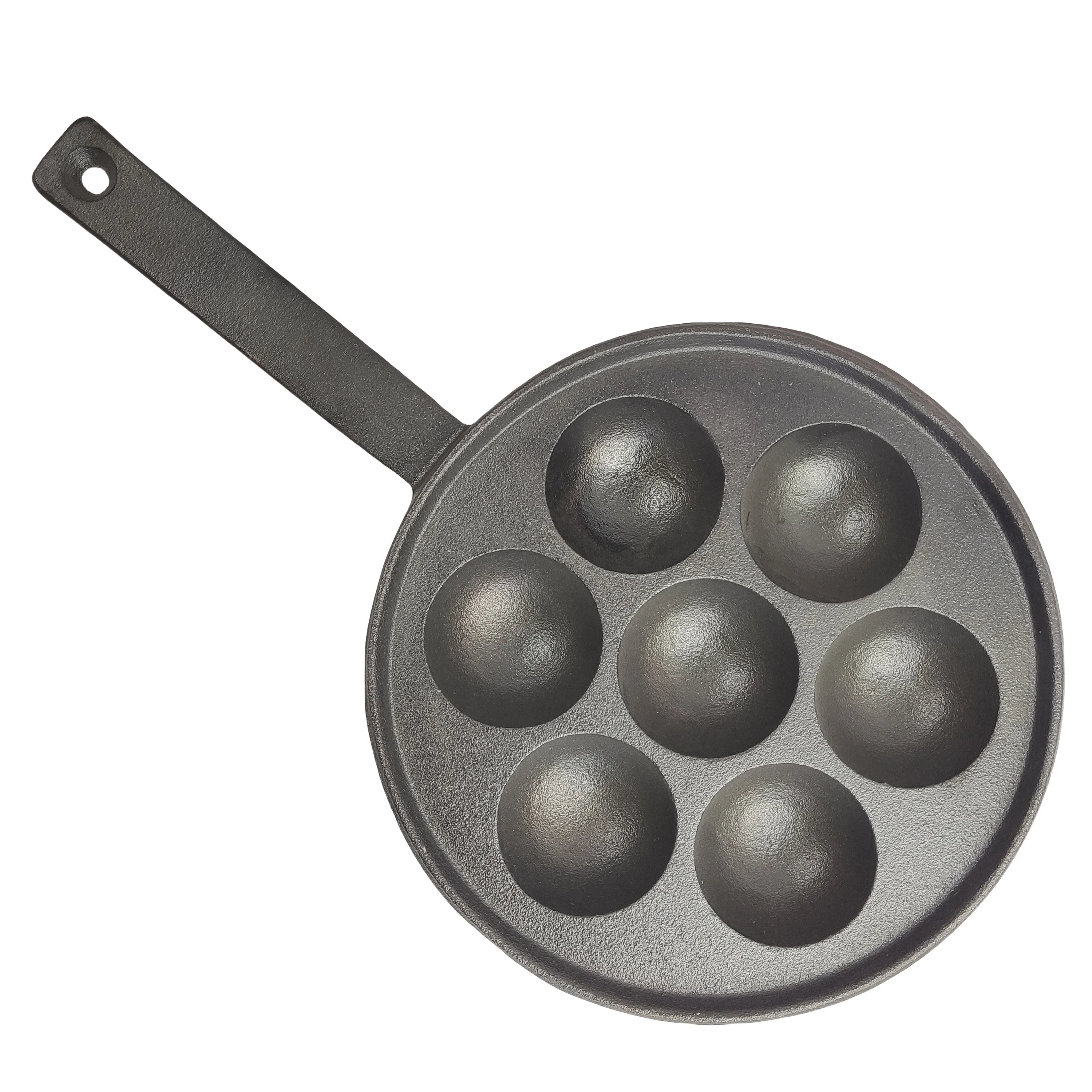 Pre-seasoned Cast Iron Poffertjes Mini Egg Pan Pancake 7 Holes Cake Pan with Handle Mold Cooking