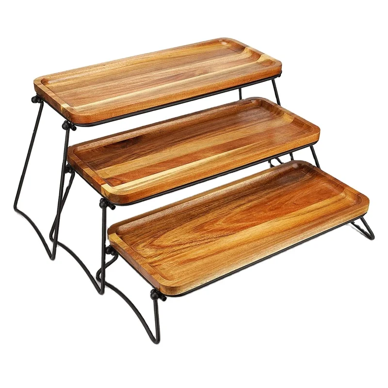 Custom-made acacia wood tray three-piece set of solid wood picnic tray, portable outdoor camping tray folding shelving