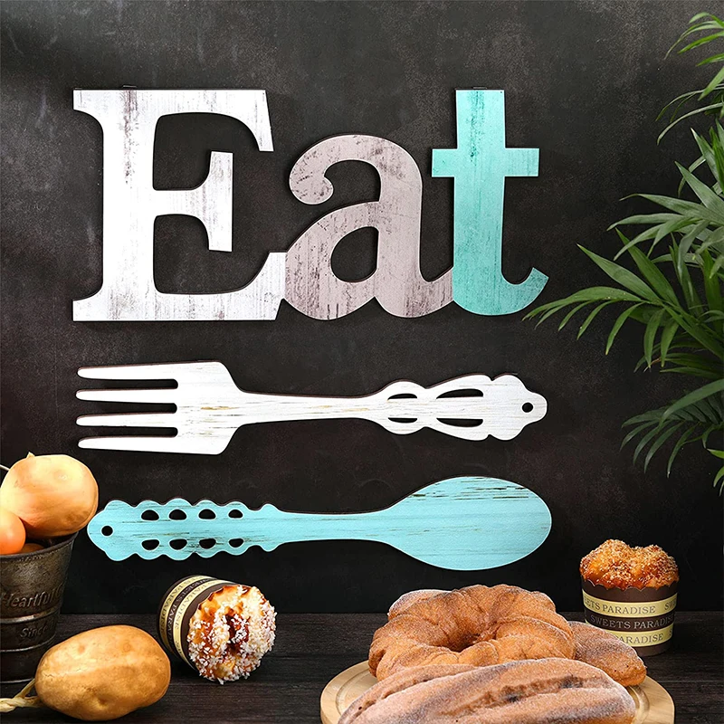 Multicolor Rustic Cutout Eat Fork Spoon Wooden Wall Signs For Kitchen Home Decor