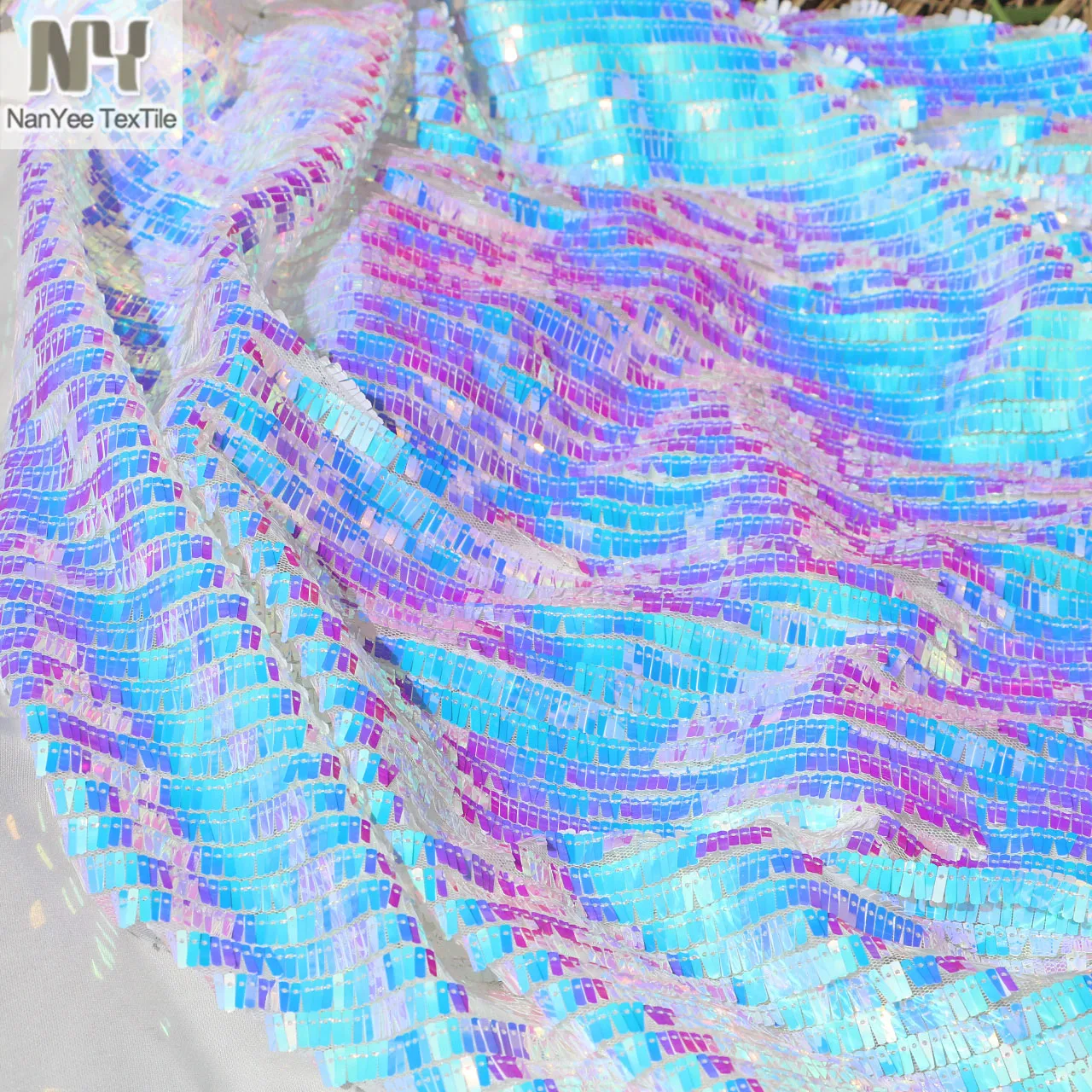 Nanyee Textile 10mm Size Mermaid Blue Iridescent Color Rectangle Sequin Embroidery Fabric