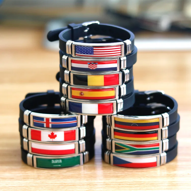 2021 bracelet silicone with stainless flags , wholesale national flags adjustable bracelet stainless steel