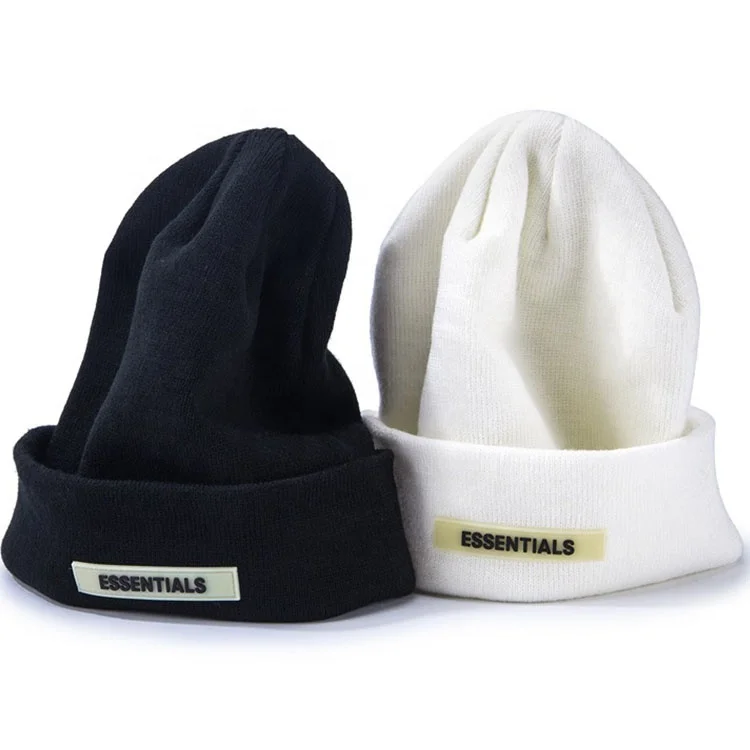 Rubber Logo Patch Knitted Cap Six Panel Winter Solid Color Beanie Hat