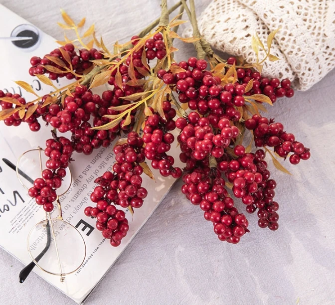 Hot sale Decorative Artificial red bean Branch with Faux Persimmon Realistic red bean Branch Home Office Decoration