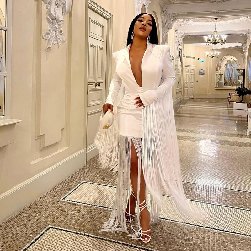 Elegant White Beaded Tassels V Neck Long Sleeve Blazer Mini Party Dress